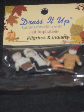 NWT Dress It Up "Pilgrims & Indians" Fall Buttons - 4pc Thanksgiving Craft Pack